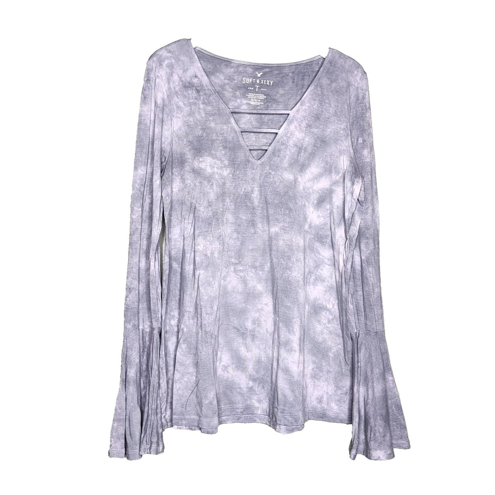 American Eagle Soft & Sexy Tie Dye Boho Tee Bell Sleeve Lace Up Pullover Top M